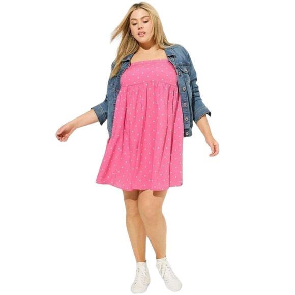 NEW 1X TORRID Plus Size Mini Challs Pink & White Poka Dot Sleeveless Sundress - Picture 7 of 16